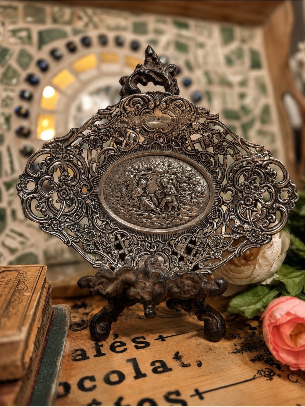 Vintage Ornate Silver Plate Trinket Dish Rococo Tray 7.5”